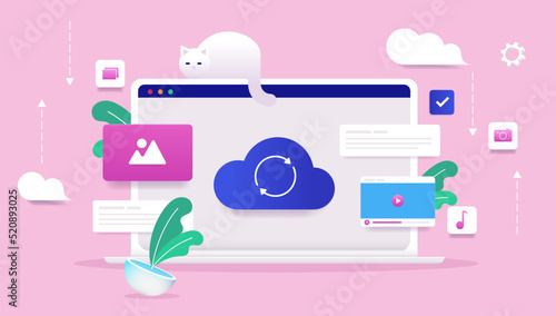 Computer using cloud service - Laptop screen with cloud symbol synching media and files, vector illustration