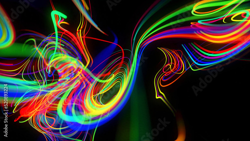 3d render. Abstract background flow of glow lines. Llights particles form in 3d space glowing beautiful curved lines like ball of wires burning with neon light. Beautiful creative background.