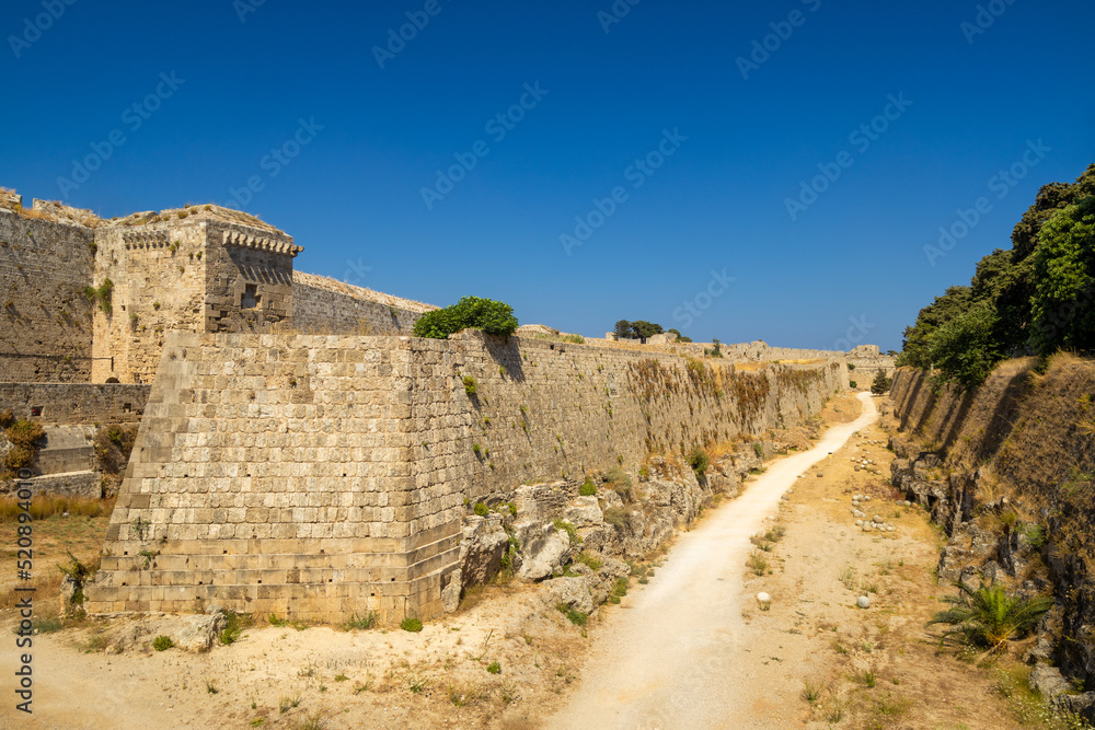 City walls of Rhodes town, Greece, Europe.