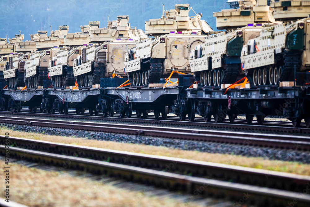 Naklejka premium Pabrade/Lithuania October 21, 2019 US Army's 1st Armoured Battalion of the 9th Regiment, 1st Division from Fort Hood in Texas Bradley is unloaded as they arrive at the Pabrade railway station.