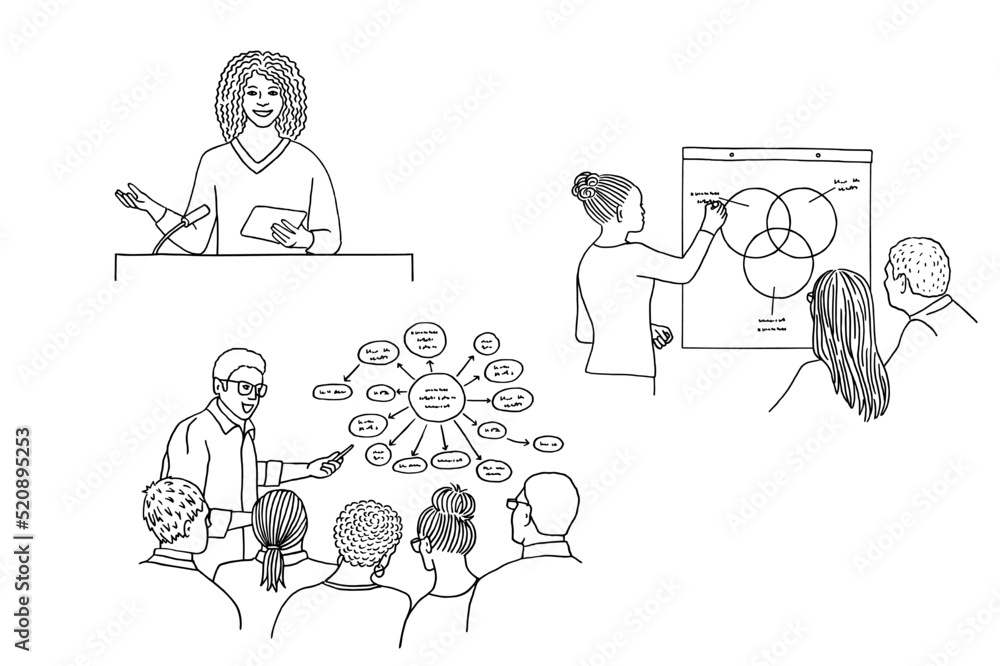 Hand drawn illustrations of lecturers, teachers or speakers in front of students or an audience