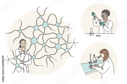 Hand drawn illustration of female scientists or researchers working in a lab, women working in STEM