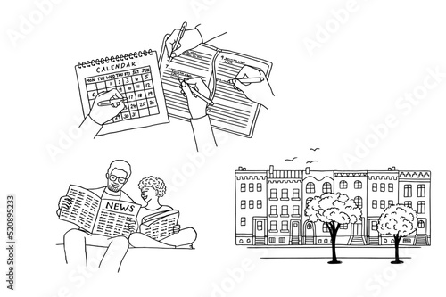 Hand drawn conceptual illustrations depicting local news and events in the neighbourhood