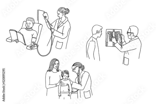 Hand drawn illustrations of patients getting examined at the doctor's office or hospital