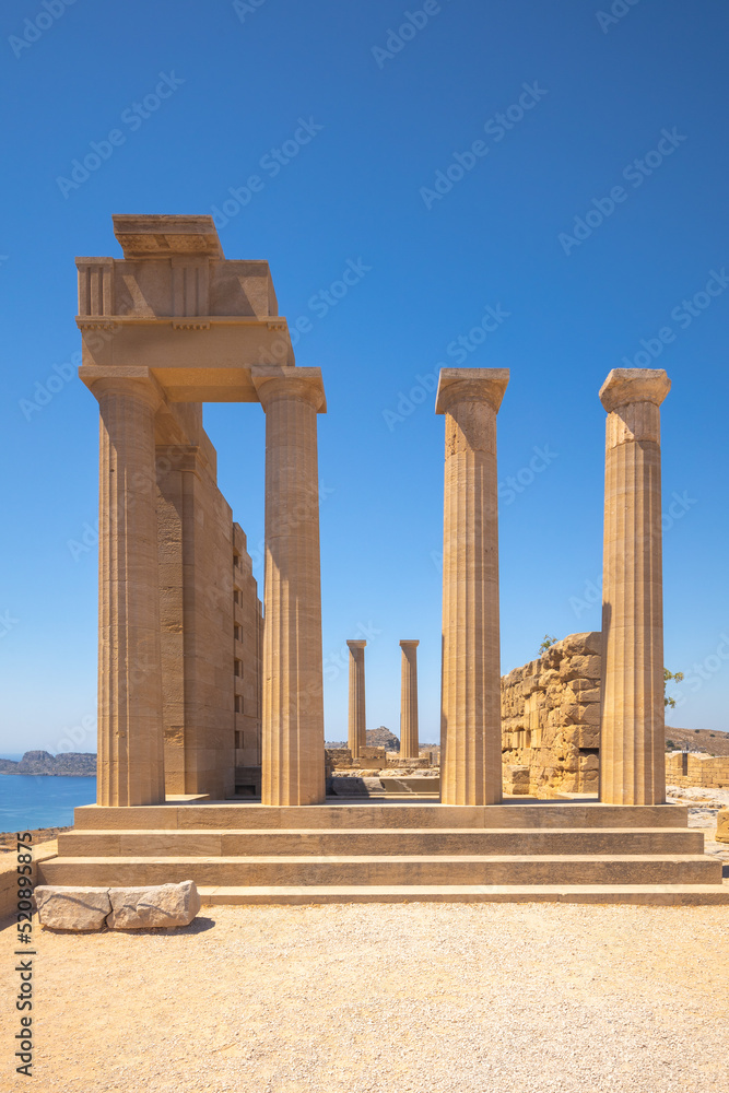 Acropolis of Lindos, the ruins of the Temple of Athena Lindia, Rhodes island, Greece, Europe.