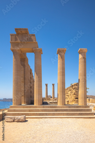 Acropolis of Lindos, the ruins of the Temple of Athena Lindia, Rhodes island, Greece, Europe.