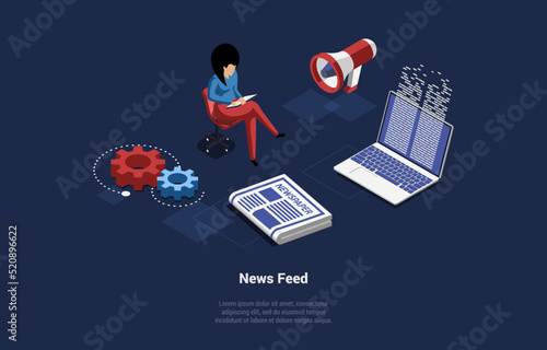 Character Reading Breaking News. Newspaper, Loudspeaker And Laptop With News Feed On Screen. Propaganda Newscast, Untruth Information Spread, Yellow Press. Cartoon Isometric 3D Vector Illustration