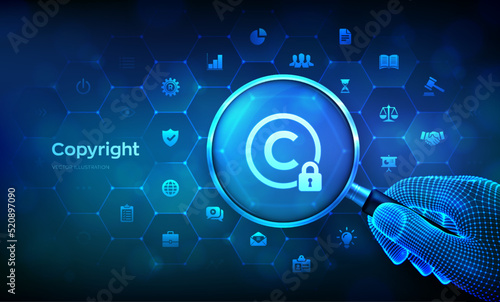 Copyright. Patents and intellectual property protection law and rights. Protect business ideas and headhunter concept with magnifier in wireframe hand and icons. Vector illustration.