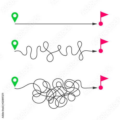 Straight and curved paths from start map pins to finish flags. Fast and slow delivery, easy and hard plan, short and long way, ideal and difficult life, goal achieving levels. Vector flat illustration
