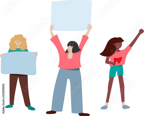 Fight like a woman concept. Young girls activists holding a protesting banners and megaphone.