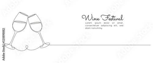 Continuous one line drawing of two glasses of red wine. Minimalist holiday concept of celebrate toast and cheering drink in simple linear style. Editable stroke. Doodle Vector illustration