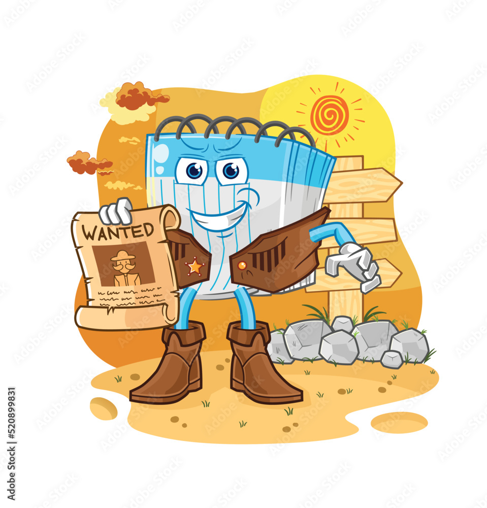 notebook cowboy with wanted paper. cartoon mascot vector