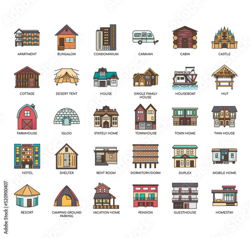 Set of Accommodations  thin line icons for any web and app project.