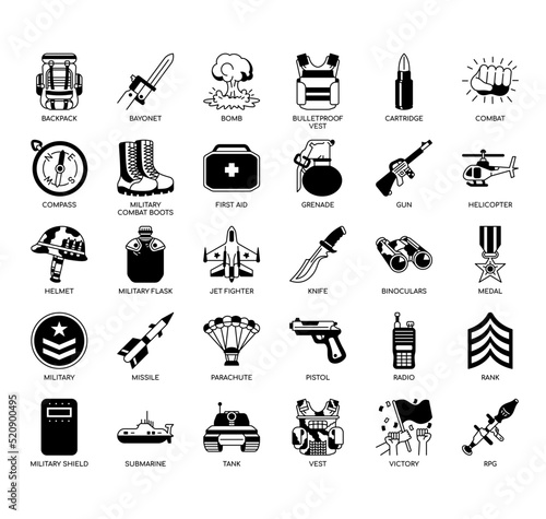 Set of  Army thin line icons for any web and app project.