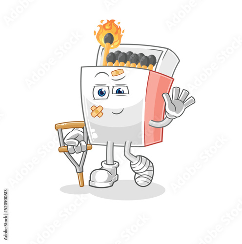 matchbox sick with limping stick. cartoon mascot vector