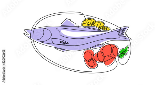 Continuous one line drawing of grilled salmon fish on plate. Roasted seafood dish with lemon and vegetables in simple linear style on top view. Editable stroke. Doodle Vector illustration