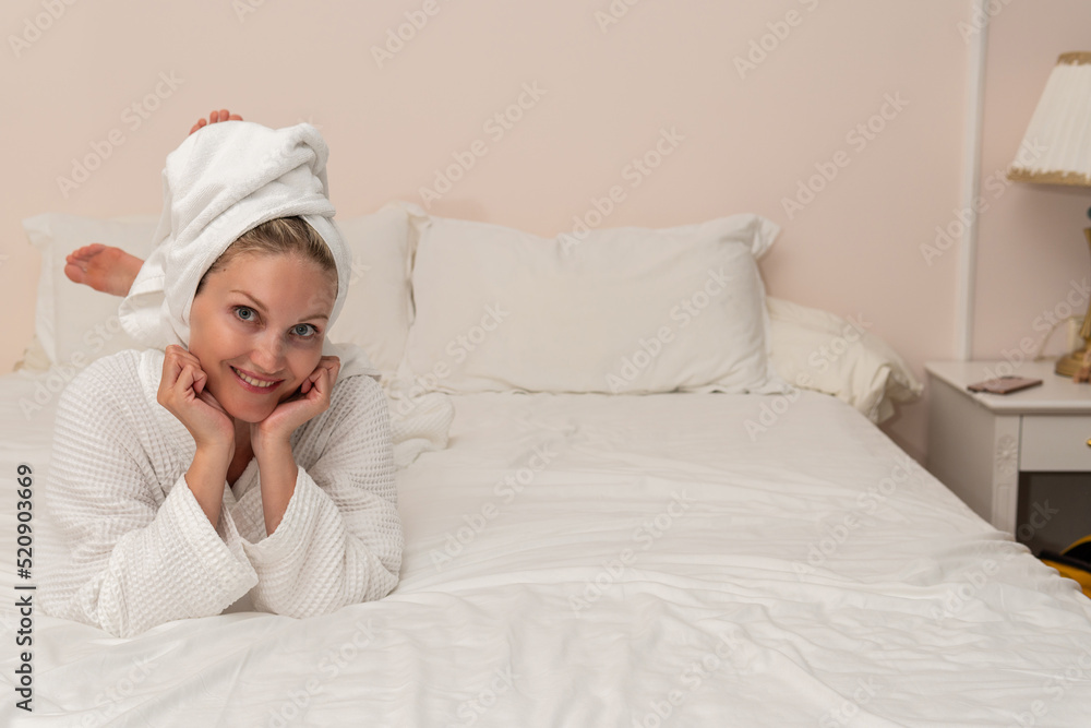 Bed copyspace beauty spa bathrobe female care body bathroom white, for preparing woman from clean and towel relaxation, gown dressing. Hygiene people american, Bed copyspace beauty spa bathrobe female care body bathroom white, for preparing woman from clean and towel relaxation, gown dressing. Hygiene people american,