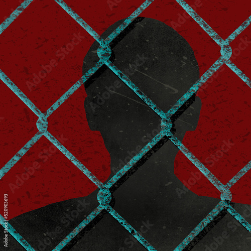 A silhouetted man is seen behind chainlink fence in a 3-d illustraton about imprisonment.
