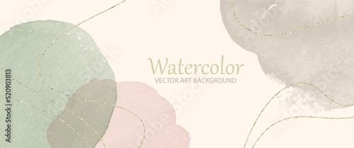 Modern watercolor vector art background with foliage. Artistic graphic design for interior, poster, cover, banner, flyer, cards, invitation card. Pastel colors template. One line drawing. Leaves.