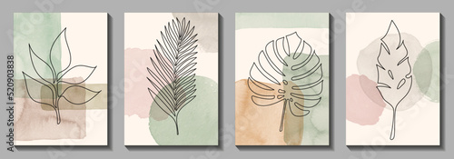 Set of modern watercolor vector art background with foliage. Artistic graphic design for interior, poster, cover, banner, flyer, cards, invitation card. Pastel colors template. One line drawing. Leaf.