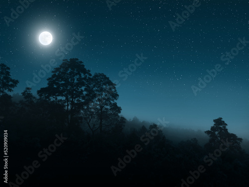 starry sky with lighted moon and silhouette of the hill