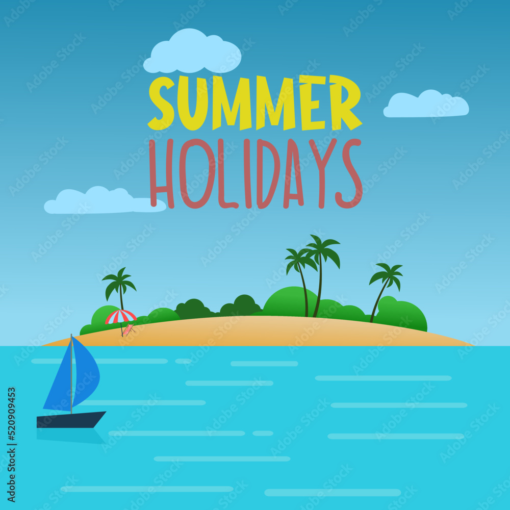 Beautiful island landscape, summer vacation on beach. Holiday Vector design illustration.