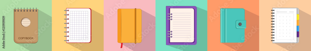 Set of stylish copybooks on color background Set of stylish copybooks on color background
