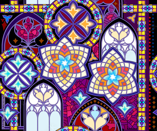 Seamless pattern ornament. Fantasy stain glass decoration. Abstract background with beautiful medieval gothic windows. Luxury ornate design for fabric, print, wallpaper. Vector illustration.