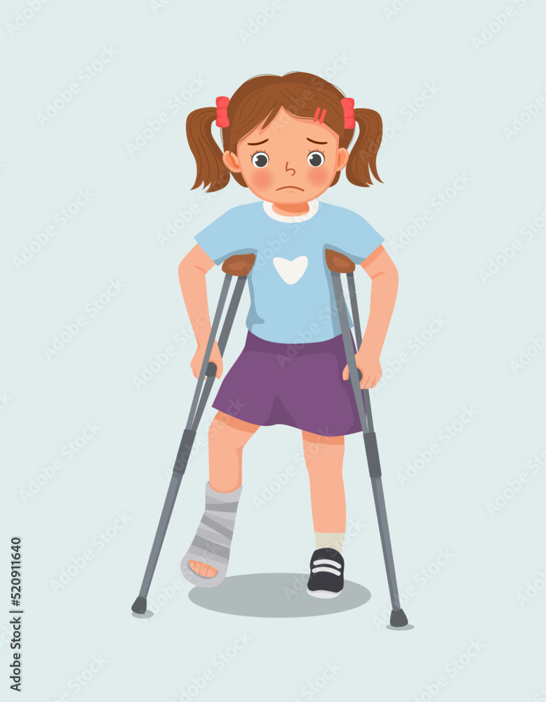 cute little girl has broken fracture leg with bandage cast on leg walking using crutches cute little girl has broken fracture leg with bandage cast on leg walking using crutches