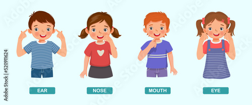 cute kids showing by pointing different body parts of human anatomy such as ear, nose, mouth, eye