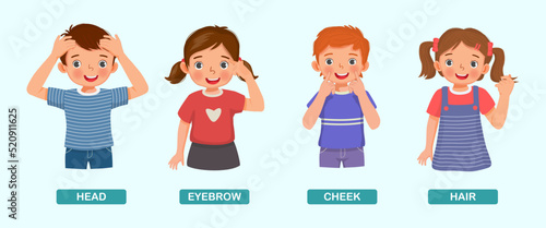 cute kids showing by pointing different body parts of human anatomy such as head, elbow, cheek, hair