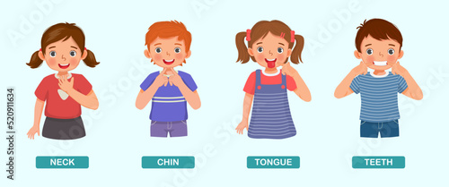 cute kids showing by pointing different body parts of human anatomy such as neck, chin, tongue, teeth