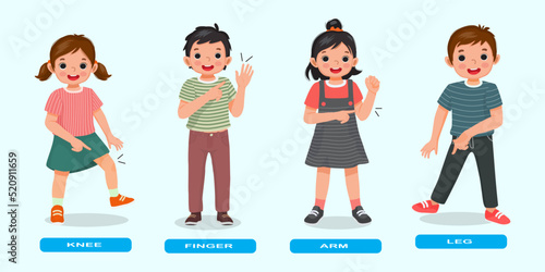 cute kids showing by pointing different body parts of human anatomy such as knee, finger, arm, leg