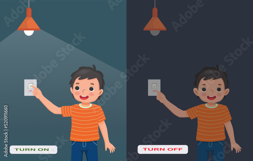 Opposite adjective antonym words turn on and turn off illustration of little boy switch on and off the light explanation flashcard with text label