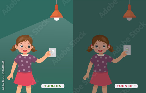Opposite adjective antonym words turn on and turn off illustration of little girl switch on and off the light explanation flashcard with text label