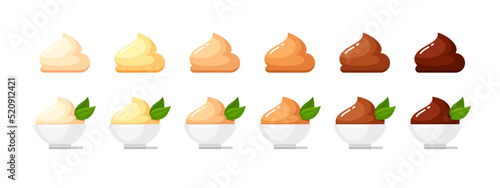 White bowls with yogurt, ice cream, cheese sauce, butter, milk and dark chocolate. Vector flat icons of mayonnaise, sour, peanut and ghee butter, custard, banana, apple puree in cups with green leaf