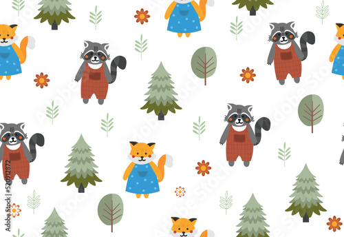 Forest seamless pattern. Repeating design element for printing on wrapping paper. Fox, raccoon and Christmas trees. Forest dwellers and mammals, animals and plants. Cartoon flat vector illustration