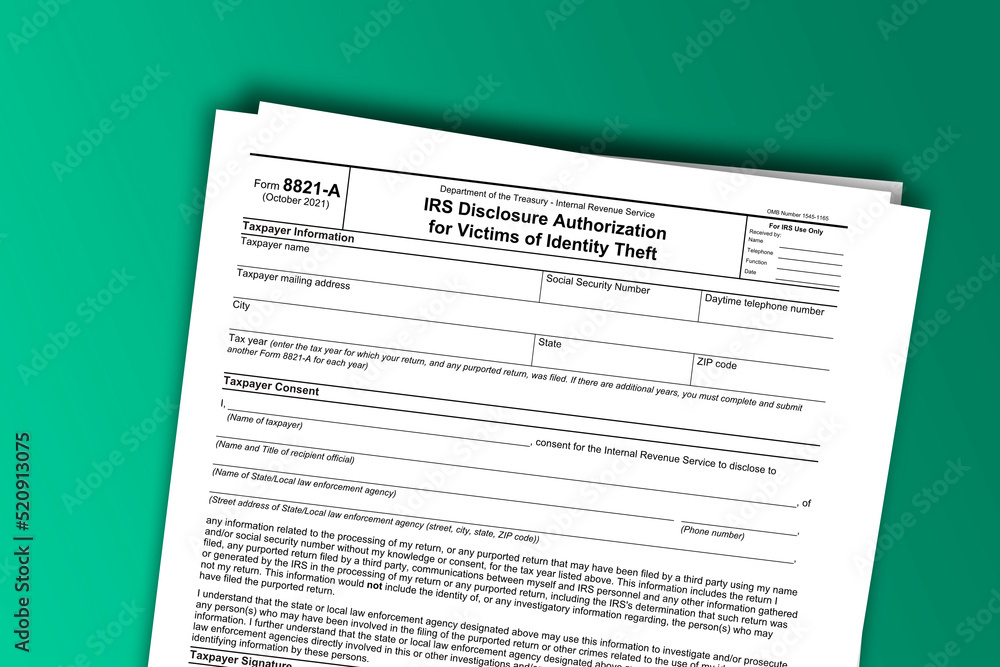 Form 8821-A documentation published IRS USA 10.26.2021. American tax document on colored Form 8821-A documentation published IRS USA 10.26.2021. American tax document on colored