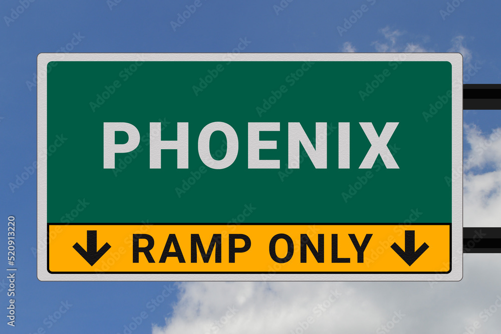 Phoenix logo. Phoenix lettering on a road sign. Signpost at entrance to Phoenix, USA. Green pointer in American style. Road sign in the United States of America. Sky in background