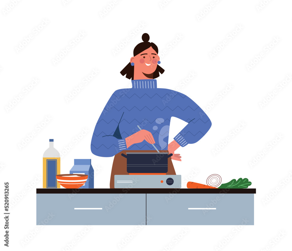 Food preparation concept. Young smiling girl housewife or chef prepares delicious meals in kitchen. Woman cooks soup in pot. Delicious and healthy diet. Cartoon modern flat vector illustration