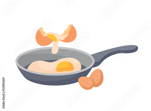 Healthy food concept. Frying pan with broken eggs or scrambled eggs. Delicious meal for breakfast or lunch. Design element for website. Cartoon flat vector illustration isolated on white background