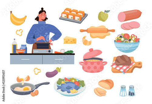 Set of food preparation items. Woman housewife in kitchen, ingredients, vegetables, fruits and lunches or dinners. Delicious homemade food. Cartoon flat vector collection isolated on white background