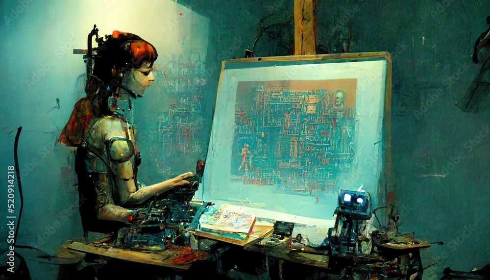 Humanoid AI robot working in an art studio painting a picture, Art