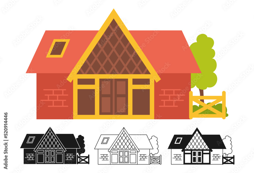 House front flat cartoon or engraved ink stamp or linear doodle design set. Village or urban facade, small and tiny houses. Modern cozy buildings. Residential homestead, cottage or villa apartment