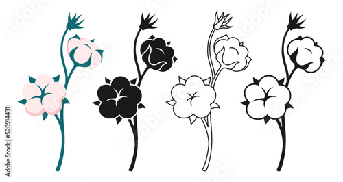 Cotton flower and branch emblem set. Cartoon or engraved ink stamp or linear doodle design. Botanical wedding herb, rustic trendy sign. Natural blossom fluffy fiber on stem. Ripe cotton boll fiber