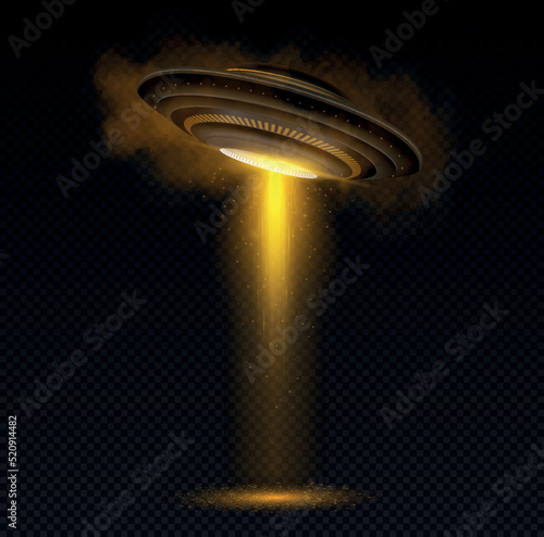 Realistic gold UFO. Graphic elements for websites, special zone in games. Space and universe, galaxy. Extraterrestrial life and fantasy, mystical and futuristic images. Isometric vector illustration