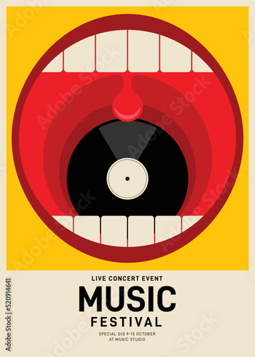 Music poster design template background with vinyl record vintage retro style