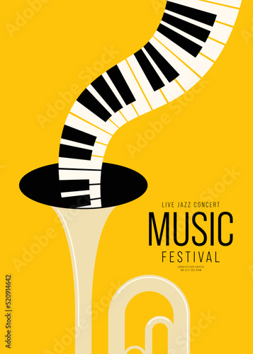 Music festival poster design template background with trumpet and piano