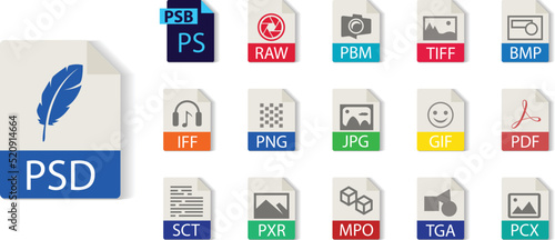 Photoshop file format collection. PSD, PSB, RAW, PBM, TIFF, BMP, IFF, PNG, JPG, GIF, PDF, SCT, PXR, MPO, TGA, PCX. File type vector and icons.