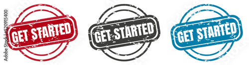 Get started stamp. get started round isolated sign. get started label set